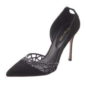 Sergio Rossi Black Suede Laser Cut Crystal Trimmed High Heel D'orsay Pumps 39